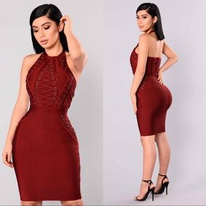 Fashion Nova Burgundy Halter Bandage Dress